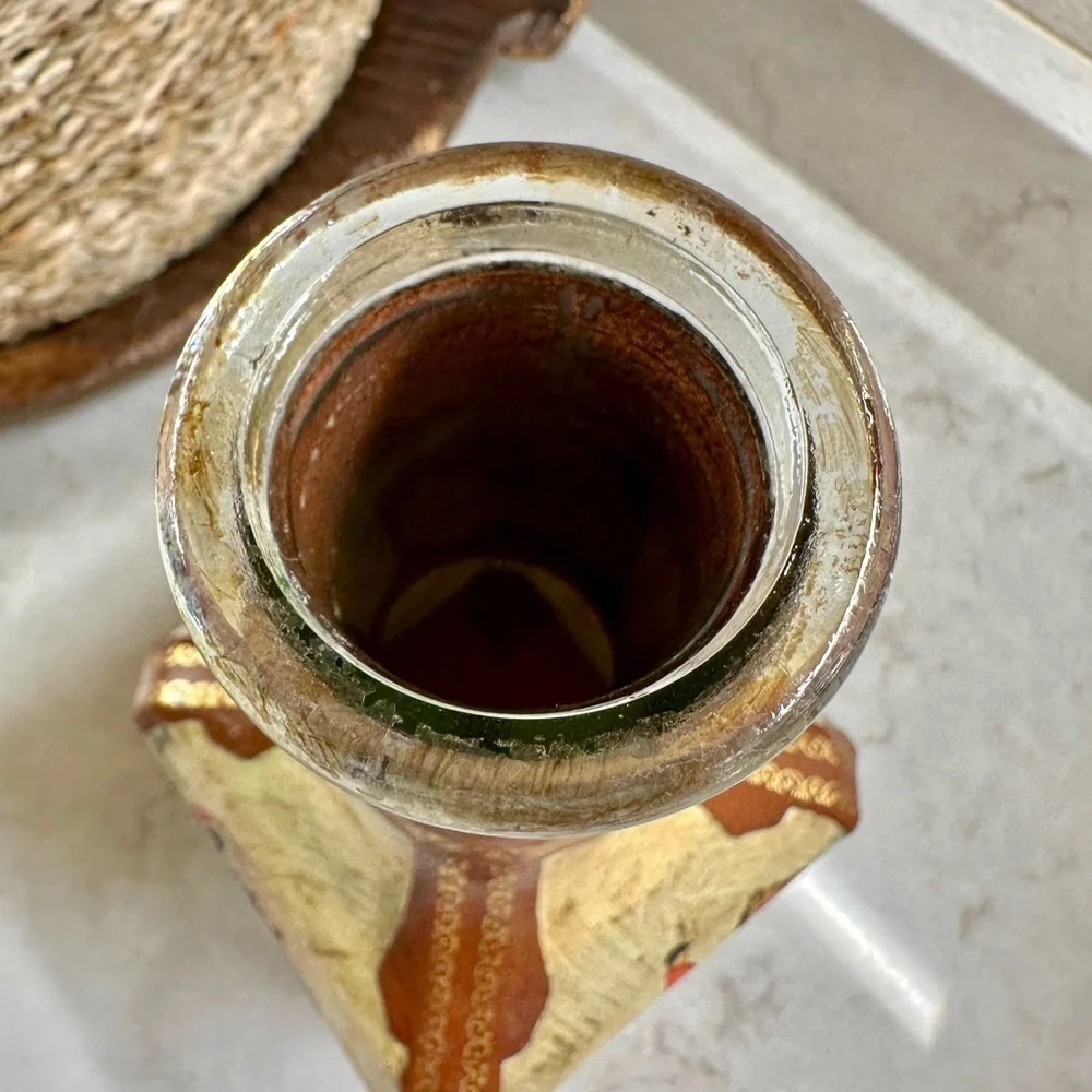 VINTAGE, GENUINE ITALIAN LEATHER-WRAPPED, EMPTY, GLASS LIQUOR DECANTER.